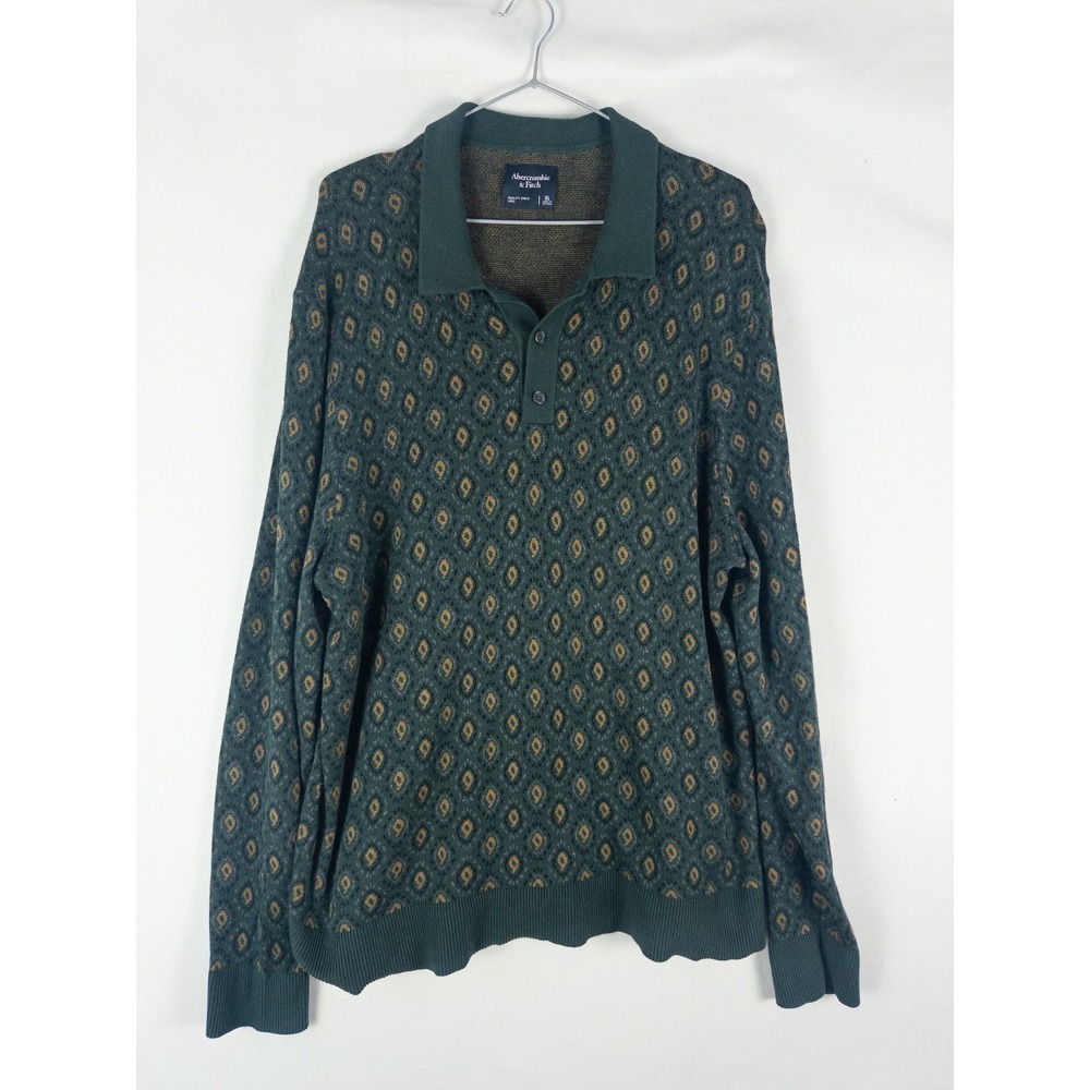 Abercrombie & Fitch Geometric Jacquard Polo Sweater Mens XL Forest Green Retro S